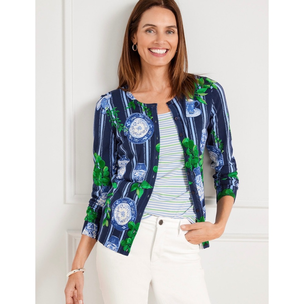 Talbots Button Up Charming Cardigan Sweater Medium Pottery Floral Stripe Pattern